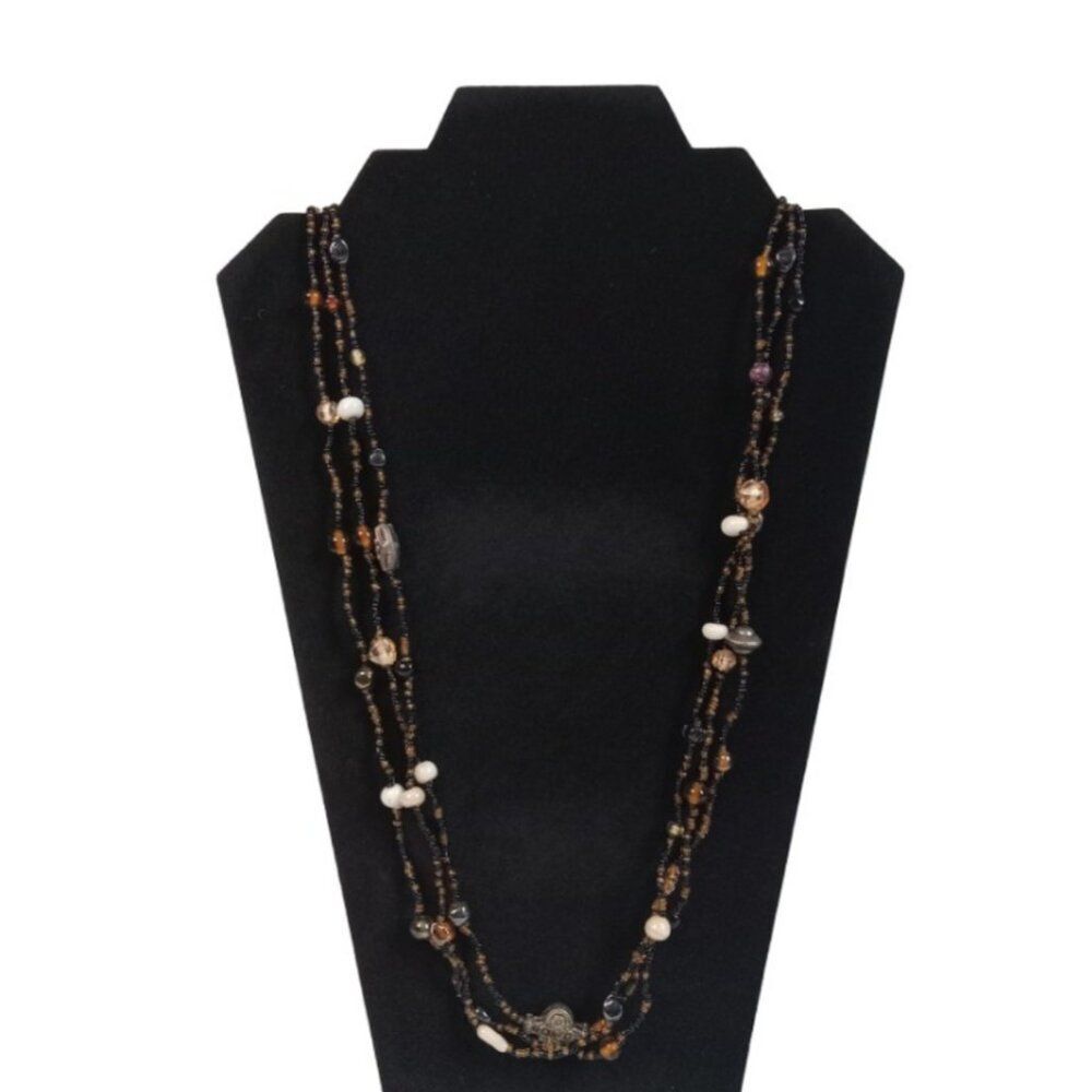 Black and Brown Multicolor Seed Beaded Triple Strand Layered Bohemian Necklace